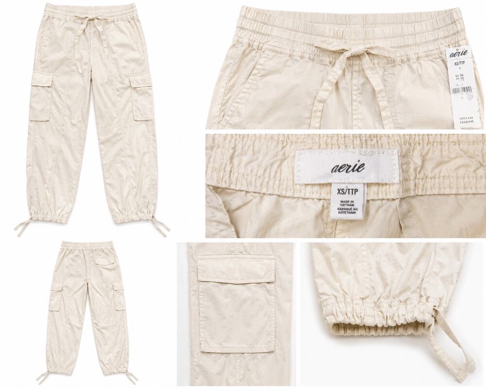 Aerie Ivory Cotton Cargo Jogger Pants NWT XS Drawstring Utility